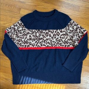 aerie Navy Leopard-Print Crewneck Sweater with Red Stripe